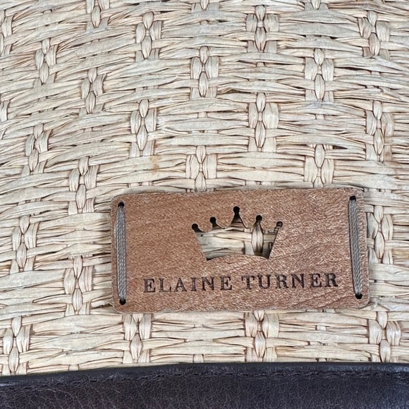 Elaine Turner Woven Straw Leather Handbag Brown Tortoise Handle - Picture 2 of 8